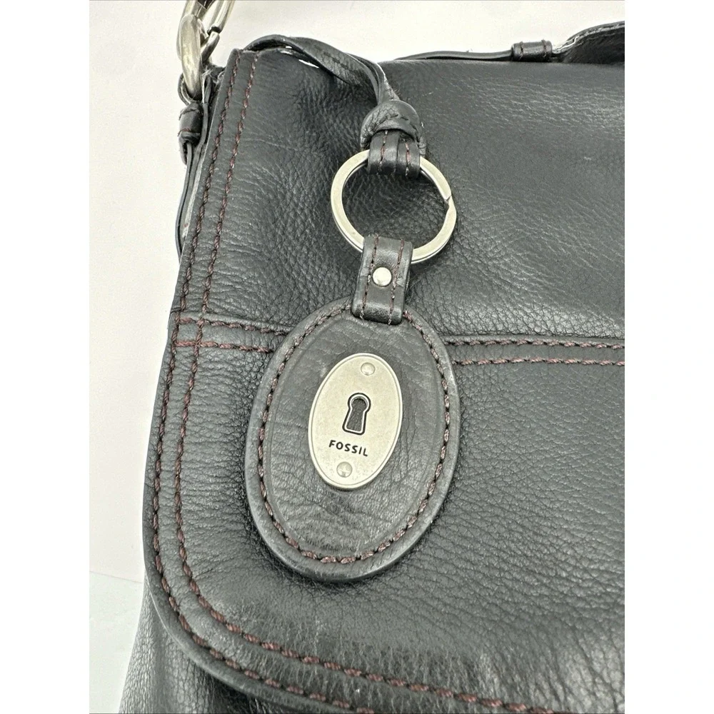 FOSSIL Leather Long Live Vintage 1954 Laptop Tote Shoulder Bag In Black